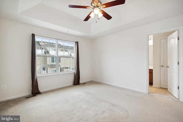 empty room with a tray ceiling, a wealth of natural light, and light carpet