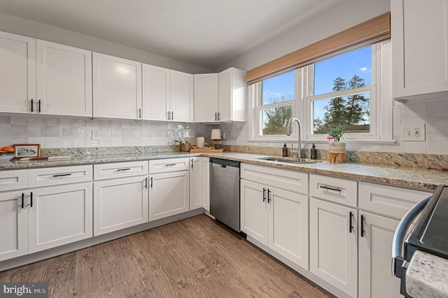 kitchen with white cabinetry, dishwasher, sink, stove, and light wood-type flooring