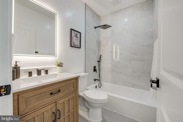 full bathroom with vanity,  shower combination, and toilet