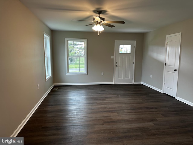 entrance foyer featuring ceiling fan, dark hardwood / wood-style flooring, and a wealth of natural light