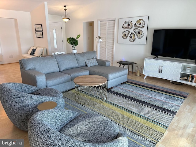 living room featuring hardwood / wood-style floors and vaulted ceiling