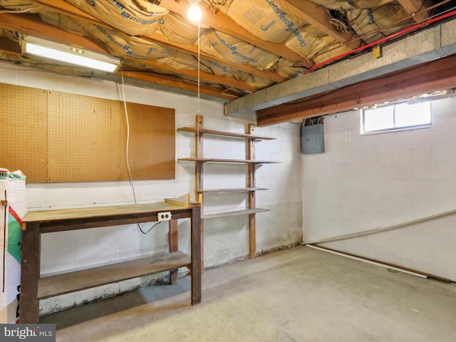 basement featuring electric panel and a workshop area