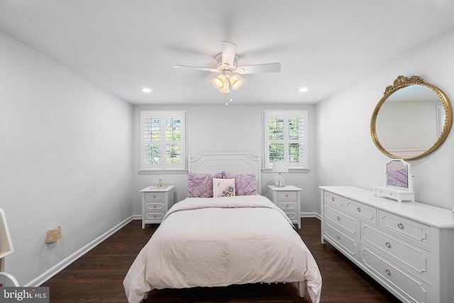 bedroom featuring dark hardwood / wood-style floors and ceiling fan