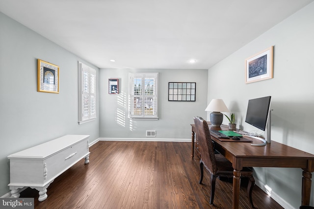 office area with dark wood-type flooring