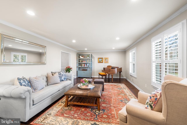 living room featuring dark wood-type flooring and ornamental molding