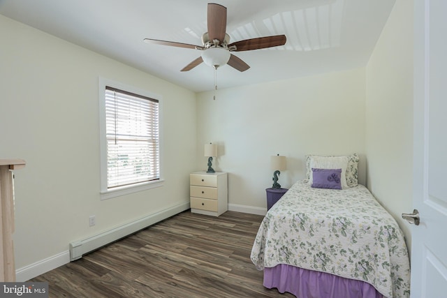 bedroom with baseboard heating, ceiling fan, and dark hardwood / wood-style flooring