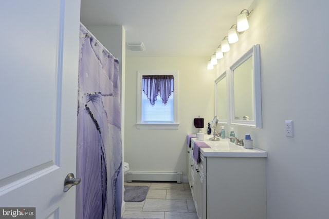 bathroom with a shower with shower curtain, tile patterned floors, vanity, baseboard heating, and toilet