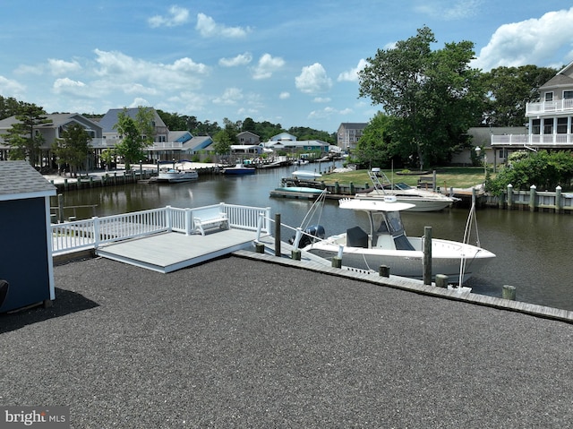 view of dock with a deck with water view