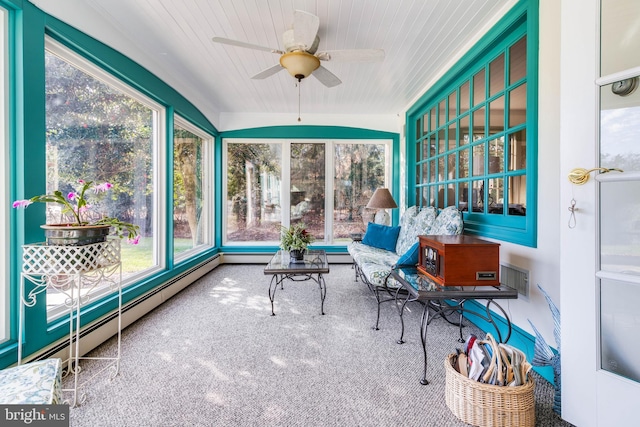 sunroom / solarium with ceiling fan, a healthy amount of sunlight, and wood ceiling