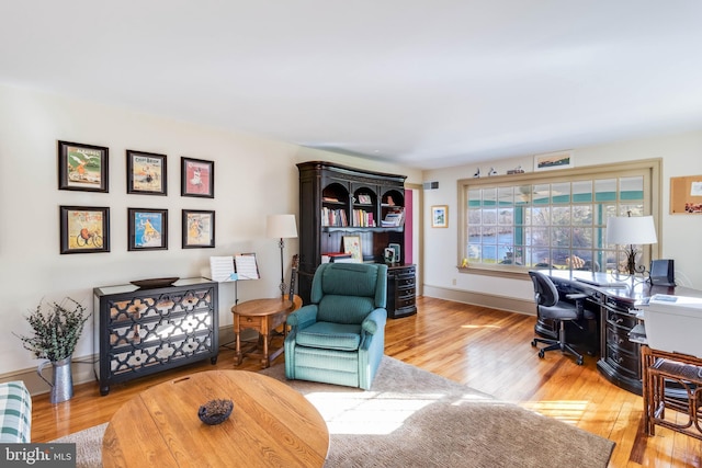 home office with hardwood / wood-style floors