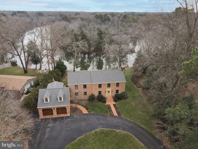 aerial view featuring a water view