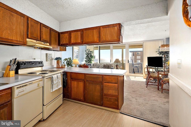 kitchen featuring range with electric cooktop, light wood-type flooring, kitchen peninsula, white dishwasher, and a textured ceiling