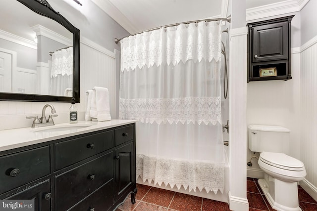 bathroom featuring baseboards, toilet, ornamental molding, shower / bath combination with curtain, and vanity