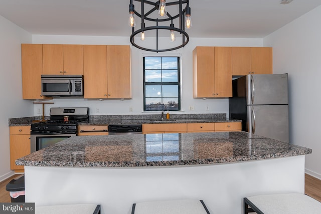 kitchen with stainless steel appliances, sink, decorative light fixtures, a chandelier, and hardwood / wood-style floors