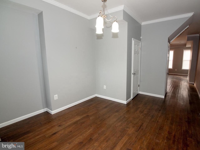 unfurnished dining area featuring ornamental molding, dark hardwood / wood-style floors, and a notable chandelier