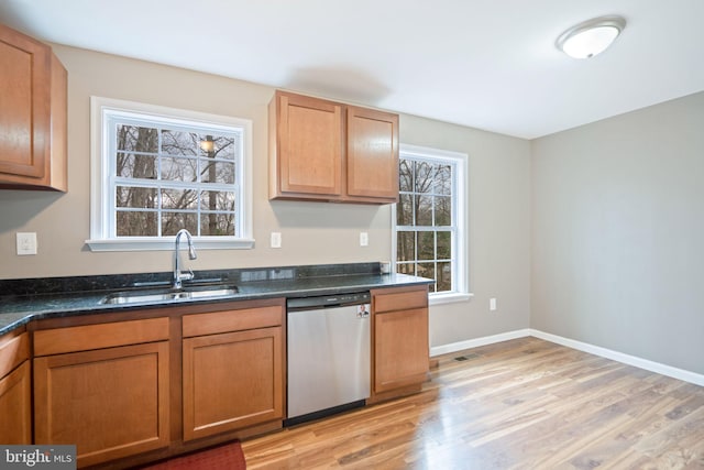 kitchen with dishwasher, light hardwood / wood-style flooring, a healthy amount of sunlight, and sink