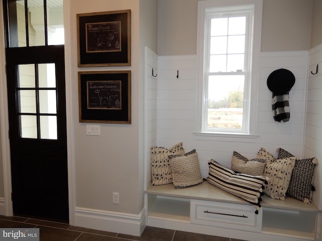 mudroom featuring plenty of natural light and dark tile patterned floors