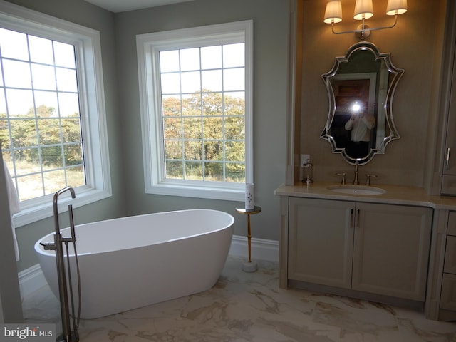 bathroom featuring a bathing tub, a wealth of natural light, and vanity