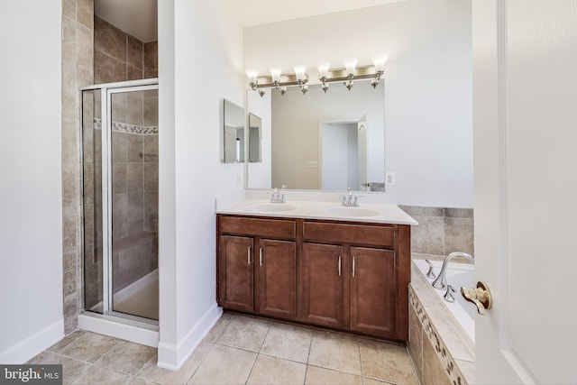 bathroom featuring tile patterned floors, vanity, and independent shower and bath