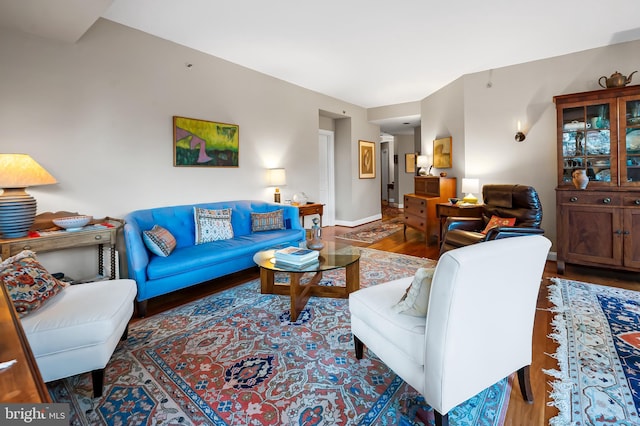 living room featuring dark wood-type flooring