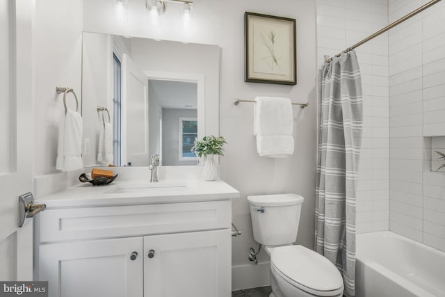 full bathroom with shower / bathtub combination with curtain, vanity, and toilet