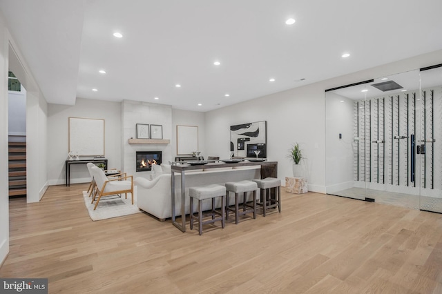 living room featuring light wood-type flooring and a large fireplace