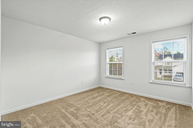 empty room with carpet floors and a textured ceiling