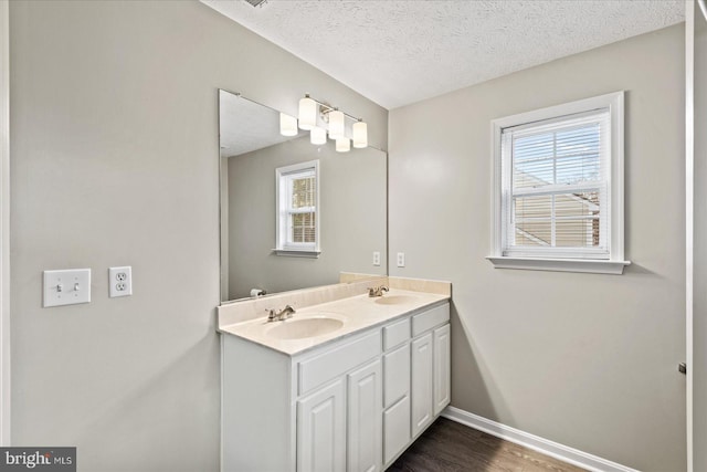 bathroom with vanity, wood-type flooring, a textured ceiling, and a wealth of natural light