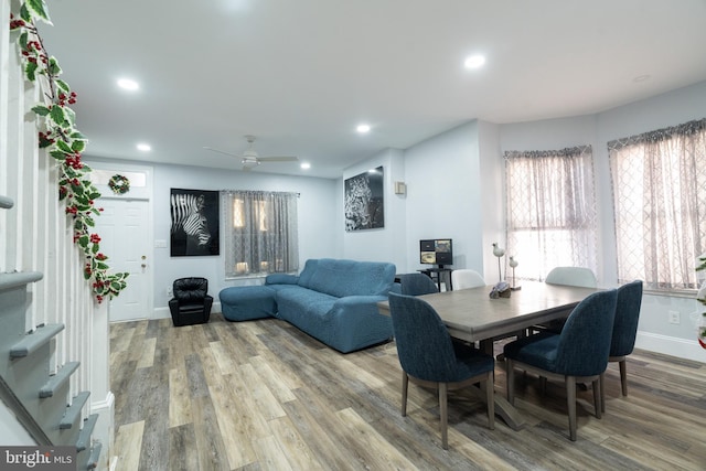 dining space with ceiling fan and wood-type flooring