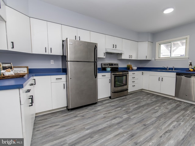 kitchen featuring white cabinets, stainless steel appliances, light hardwood / wood-style floors, and sink