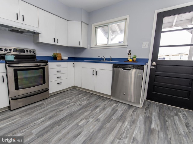 kitchen with white cabinetry, sink, stainless steel appliances, and wood-type flooring