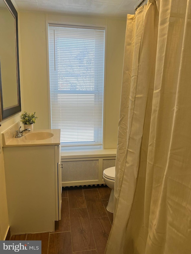 bathroom with vanity, toilet, and radiator