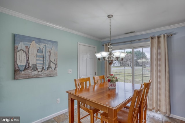 dining space featuring a chandelier, light tile patterned floors, and ornamental molding