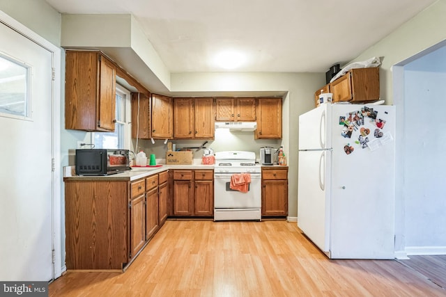 kitchen with light wood-type flooring and white appliances