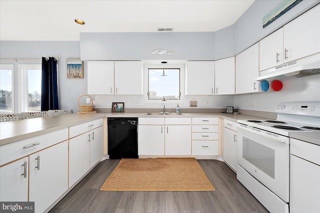 kitchen with white cabinets, dishwasher, and white electric range oven