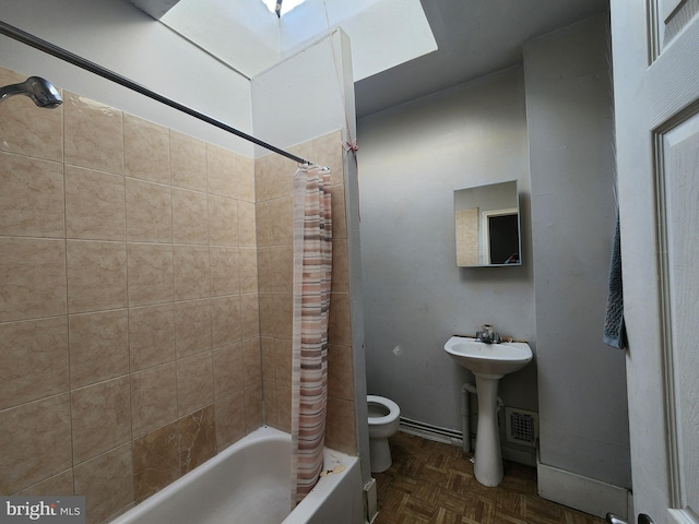 full bathroom with a skylight, sink, parquet flooring, toilet, and shower / tub combo with curtain