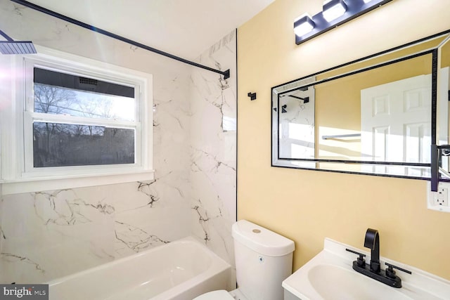 full bathroom with vanity,  shower combination, and toilet