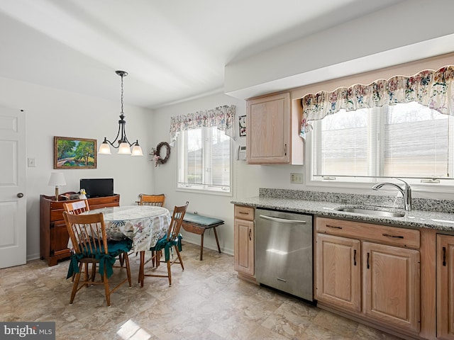 kitchen with sink, hanging light fixtures, stainless steel dishwasher, a notable chandelier, and light stone counters