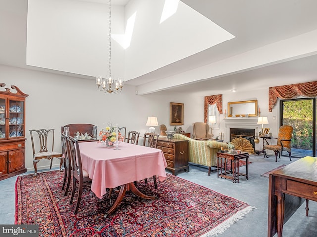 carpeted dining area with beam ceiling, a towering ceiling, and a notable chandelier