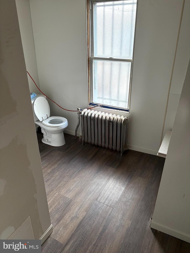 bathroom with toilet, wood-type flooring, and radiator