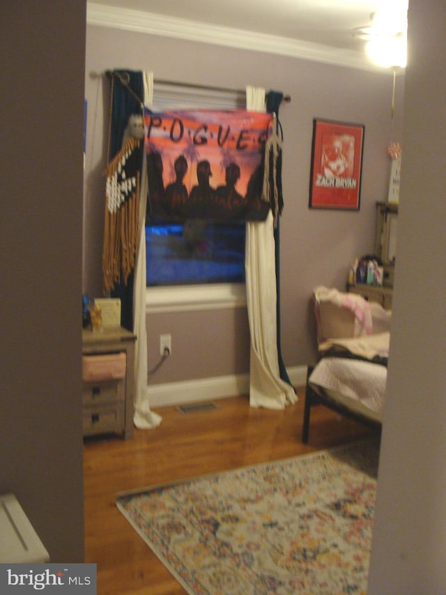 interior space with hardwood / wood-style floors and crown molding