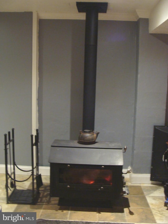 room details with a wood stove