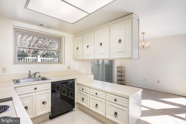 kitchen featuring black dishwasher, sink, hanging light fixtures, a notable chandelier, and kitchen peninsula