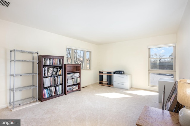 sitting room featuring a healthy amount of sunlight and light carpet