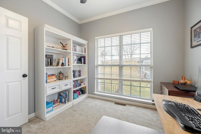 living area featuring crown molding, a wealth of natural light, and light colored carpet