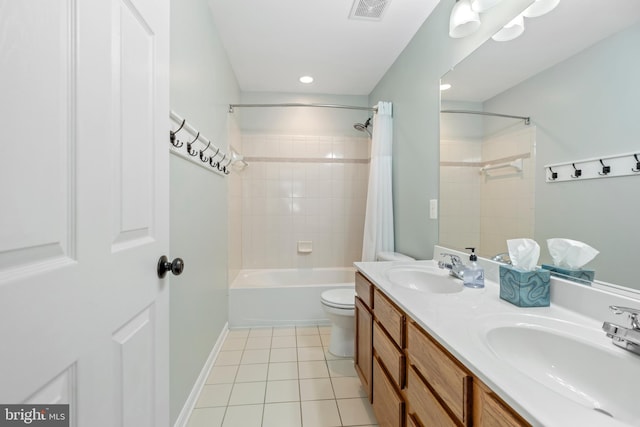 full bathroom featuring tile patterned floors, toilet, shower / tub combo, and vanity