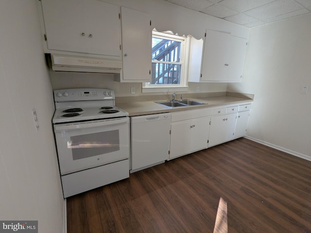 kitchen with ventilation hood, white cabinetry, white appliances, and sink