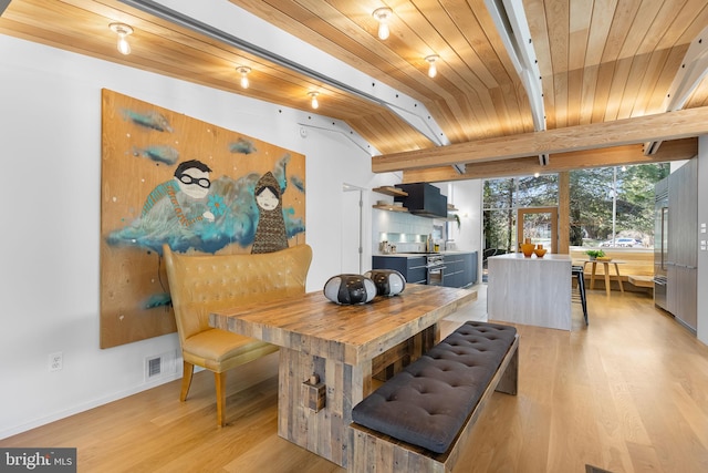 dining space featuring beam ceiling, light wood finished floors, visible vents, wooden ceiling, and baseboards