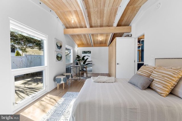 bedroom with lofted ceiling with beams, wooden ceiling, and wood finished floors