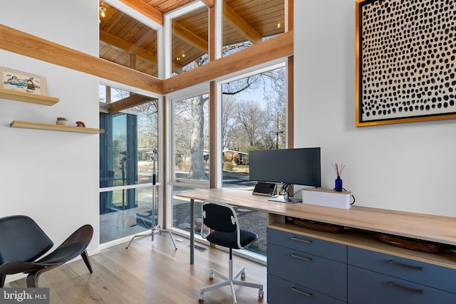 home office featuring light wood-style floors, a wealth of natural light, wood ceiling, and vaulted ceiling with beams